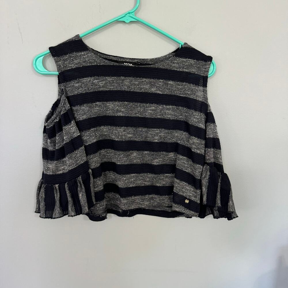 NUON Cold Shoulder Crop Top Size Small Striped Ruffle Sleeve Ends